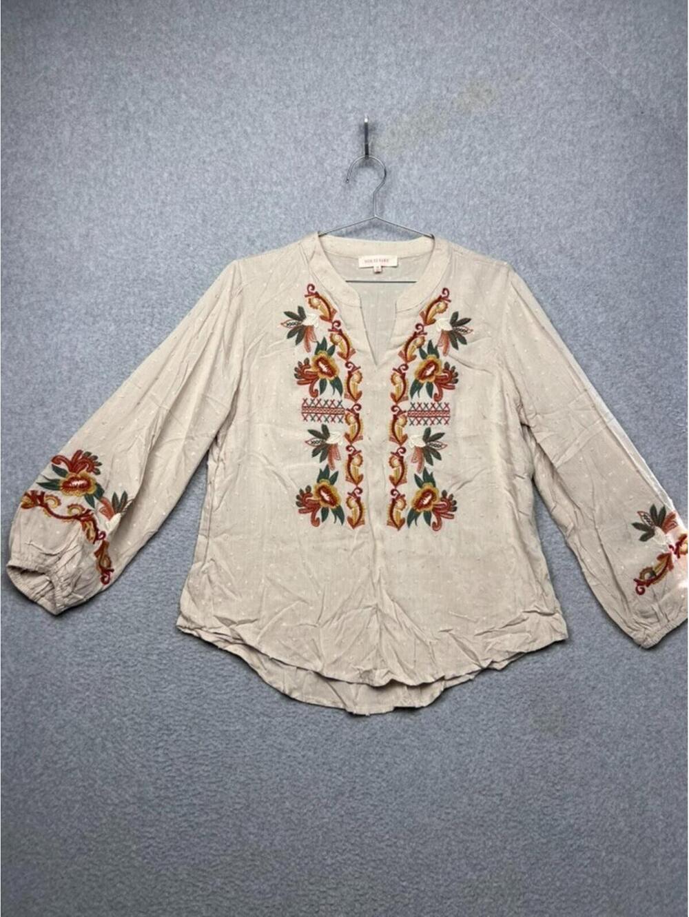 Solitaire Anthropologie Cream Embroidered Mandarin Collar Boho Coastal Grandma M